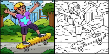 Bu renkli sayfada Ollie 'yi oynayan bir kaykaycı kız var. Bu illüstrasyonun bir tarafı renkli ve çocuklar için bir ilham kaynağı..