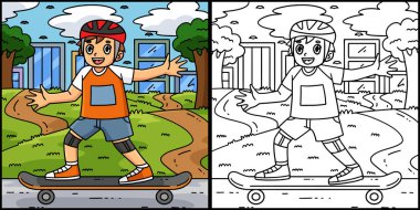 Bu boyama sayfasında kaykay yapan bir çocuk var. Bu illüstrasyonun bir tarafı renkli ve çocuklar için bir ilham kaynağı..