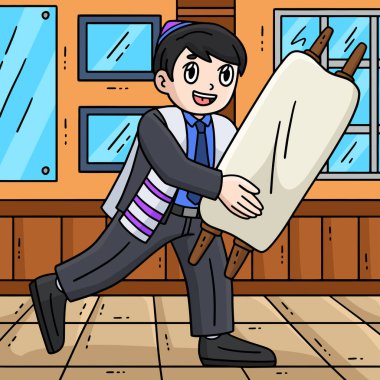 Bu karikatür parçası Tevrat 'ı taşıyan bir Bar Mitzvah Çocuğu' nu gösteriyor..