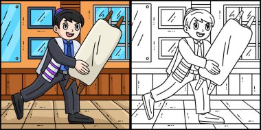 Bu boyama sayfasında Tevrat 'ı taşıyan bir Bar Mitzvah çocuğu var. Bu illüstrasyonun bir tarafı renkli ve çocuklar için bir ilham kaynağı..
