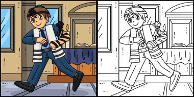 Bu boyama sayfasında Tefilin 'li bir Bar Mitzvah çocuğu var. Bu illüstrasyonun bir tarafı renkli ve çocuklar için bir ilham kaynağı..