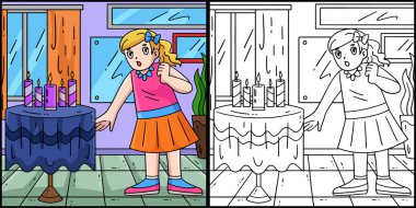 Bu boyama sayfasında Bat Mitzvah Kız Üfleme Mumları var. Bu illüstrasyonun bir tarafı renkli ve çocuklar için bir ilham kaynağı..