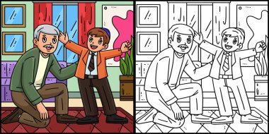 Bu boyama sayfasında bir Bar Mitzvah Baba 'nın Oğlu' nu selamlaması var. Bu illüstrasyonun bir tarafı renkli ve çocuklar için bir ilham kaynağı..