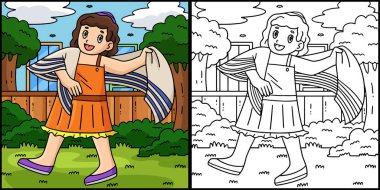 Bu boyama sayfasında Taliit takan bir Bat Mitzvah Kızı var. Bu illüstrasyonun bir tarafı renkli ve çocuklar için bir ilham kaynağı..