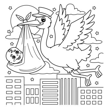 A cute and funny coloring page of a Baby Shower Stork with a Baby. Provides hours of coloring fun for children. To color, this page is very easy. Suitable for little kids and toddlers. clipart