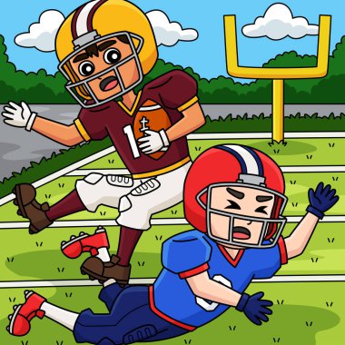 Bu karikatür parçası, bir Amerikan futbolcusunun bir oyuncunun top tutucudan kaçtığını gösteriyor..