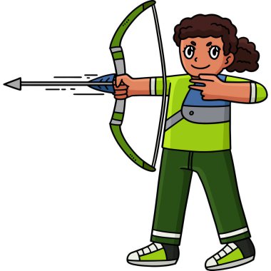 This cartoon clipart shows an illustration of an archery female archer firing an arrow. clipart