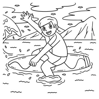 Sörf tahtasında oturan sevimli ve komik bir sörf sayfası. Çocuklar için saatlerce boyama eğlencesi sağlıyor. Renklendirmek için, bu sayfa çok kolaydır. Küçük çocuklar ve yeni yürümeye başlayanlar için uygun..