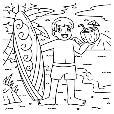 Sörfçü, sörf tahtası ve tropikal içecekten oluşan sevimli ve komik bir sayfa. Çocuklar için saatlerce boyama eğlencesi sağlıyor. Renklendirmek için, bu sayfa çok kolaydır. Küçük çocuklar ve yeni yürümeye başlayanlar için uygun..