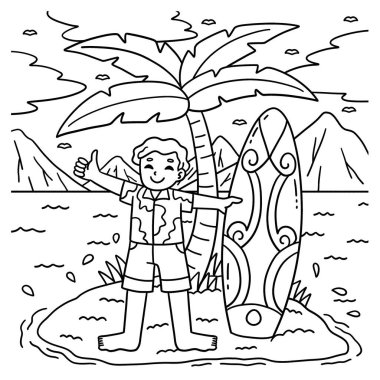 Sörfçü, sörf tahtası ve palmiye ağacının sevimli ve komik renkli sayfası. Çocuklar için saatlerce boyama eğlencesi sağlıyor. Renklendirmek için, bu sayfa çok kolaydır. Küçük çocuklar ve yeni yürümeye başlayanlar için uygun..