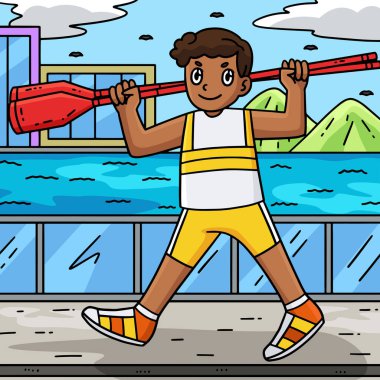 This cartoon clipart shows a Rowing Oarsman Carrying Oars illustration.  clipart