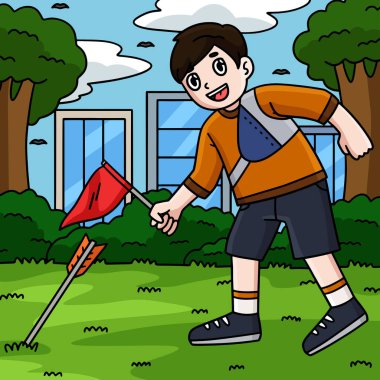 This cartoon clipart shows an Archery Archer Measuring Arrow Distance illustration. clipart