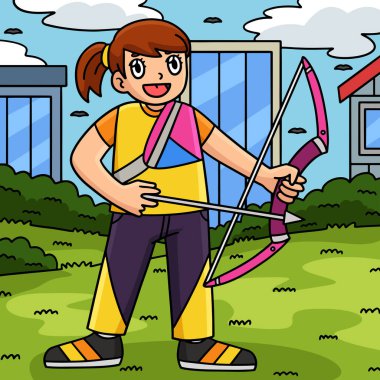 This cartoon clipart shows an Archery Female Archer Ready to Aim illustration. clipart