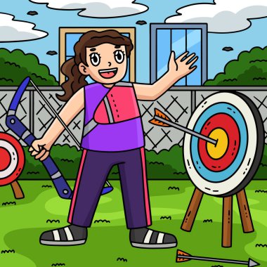 This cartoon clipart shows an Archery Female Archer with a Target Circle illustration. clipart