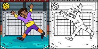 Bu boyama sayfası topu engelleyen bir Hentbol kalecisini gösteriyor. Bu illüstrasyonun bir tarafı renkli ve çocuklar için bir ilham kaynağı..