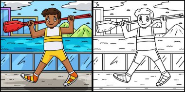 Bu boyama sayfasında kürek çeken bir kürekçi var. Bu illüstrasyonun bir tarafı renkli ve çocuklar için bir ilham kaynağı..