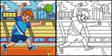 Bu boyama sayfası, topu vuran bir Hentbol oyuncusunu gösteriyor. Bu illüstrasyonun bir tarafı renkli ve çocuklar için bir ilham kaynağı..