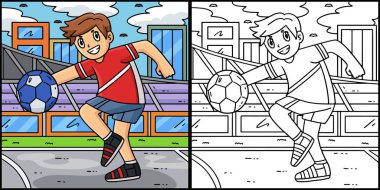 Bu renklendirme sayfası Hentbol Oyuncusunun Nişan alışını gösteriyor. Bu illüstrasyonun bir tarafı renkli ve çocuklar için bir ilham kaynağı..