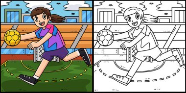 Bu renkli sayfa, Topla Koşan Kadın Hentbol Oyuncusunu gösteriyor. Bu illüstrasyonun bir tarafı renkli ve çocuklar için bir ilham kaynağı..