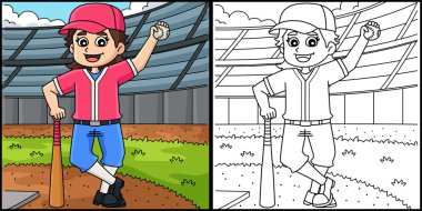 This coloring page shows a Female Baseball Player. One side of this illustration is colored and serves as an inspiration for children.  clipart