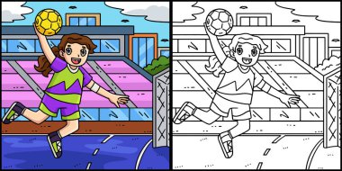 Bu renklendirme sayfası, atlama şutu olan bir Hentbol Kadın Oyuncusunu gösteriyor. Bu illüstrasyonun bir tarafı renkli ve çocuklar için bir ilham kaynağı..