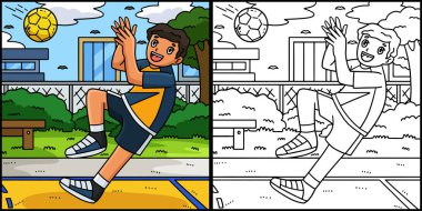 Bu boyama sayfasında topu yakalayan bir Hentbol oyuncusu var. Bu illüstrasyonun bir tarafı renkli ve çocuklar için bir ilham kaynağı..