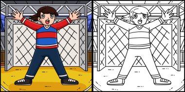 Bu boyama sayfası üssü koruyan kadın bir hentbol kalecisini gösteriyor. Bu illüstrasyonun bir tarafı renkli ve çocuklar için bir ilham kaynağı..