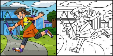 Bu boyama sayfasında ok ve yayla okçu bir kadın var. Bu illüstrasyonun bir tarafı renkli ve çocuklar için bir ilham kaynağı.. 