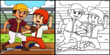 This coloring page shows a Baseball Player Base Tagging. One side of this illustration is colored and serves as an inspiration for children.  clipart