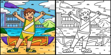 Bu renklendirme sayfası bir kürekçinin zaferde kürek çektiğini gösteriyor. Bu illüstrasyonun bir tarafı renkli ve çocuklar için bir ilham kaynağı..