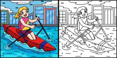 Bu boyama sayfasında kürek çeken bir kadın var. Bu illüstrasyonun bir tarafı renkli ve çocuklar için bir ilham kaynağı..