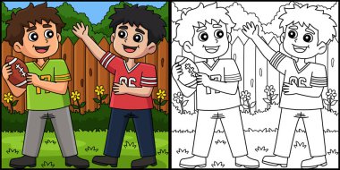 Bu boyama sayfası Amerikan futbolcu çocukların oynadığını gösteriyor. Bu illüstrasyonun bir tarafı renkli ve çocuklar için bir ilham kaynağı..