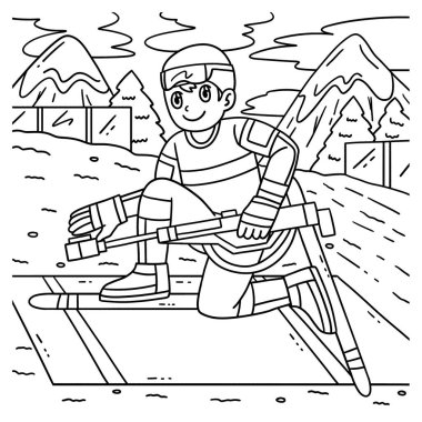 A cute and funny coloring page of a Male Biathlete Getting Up after shooting. Provides hours of coloring fun for children. To color, this page is very easy. Suitable for little kids and toddlers. clipart