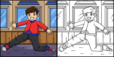 Bu boyama sayfasında bir Breakdance B-Boy 'un Diz Değiştirmesini gösteriyor. Bu illüstrasyonun bir tarafı renkli ve çocuklar için bir ilham kaynağı..