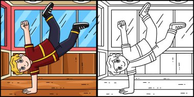 Bu boyama sayfasında tek elli bir Breakdance B Boy var. Bu illüstrasyonun bir tarafı renkli ve çocuklar için bir ilham kaynağı..