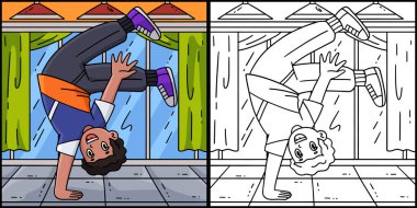 This coloring page shows a Breakdance B-Boy Air Chair Pike Move. One side of this illustration is colored and serves as an inspiration for children. clipart