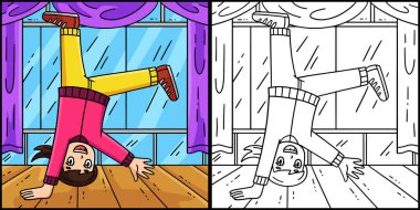 Bu boyama sayfasında tek elli bir Breakdance B-Kızı var. Bu illüstrasyonun bir tarafı renkli ve çocuklar için bir ilham kaynağı..