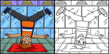 Bu boyama sayfası Breakdance B-Boy 'un kafa salladığını gösteriyor. Bu illüstrasyonun bir tarafı renkli ve çocuklar için bir ilham kaynağı..