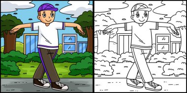 Bu boyama sayfasında Breakdance B-Boy 'un Top Rock yaptığı yazıyor. Bu illüstrasyonun bir tarafı renkli ve çocuklar için bir ilham kaynağı..