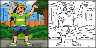 Bu boyama sayfasında Breakdance B-Kızı ve Mısır Basamağı var. Bu illüstrasyonun bir tarafı renkli ve çocuklar için bir ilham kaynağı..