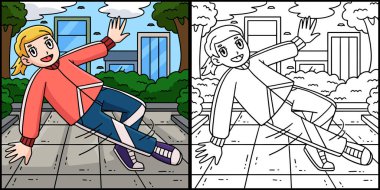 Bu boyama sayfasında bir Breakdance B-Kızı ve bir helikopter hareketi var. Bu illüstrasyonun bir tarafı renkli ve çocuklar için bir ilham kaynağı..