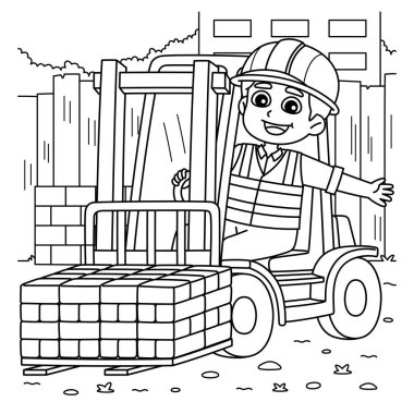 Forklift kullanan bir inşaat işçisinin sevimli ve komik renkli sayfası. Çocuklar için saatlerce boyama eğlencesi sağlıyor. Renklendirmek için, bu sayfa çok kolaydır. Küçük çocuklar ve yeni yürümeye başlayanlar için uygun..
