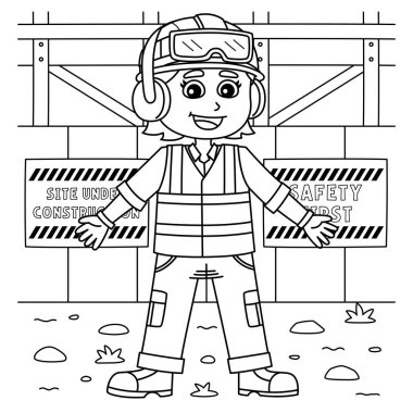 Güvenlik Teçhizatı olan bir kadın inşaat işçisinin sevimli ve komik renkli sayfası. Çocuklar için saatlerce boyama eğlencesi sağlıyor. Renklendirmek için, bu sayfa çok kolaydır. Küçük çocuklar ve yeni yürümeye başlayanlar için uygun..