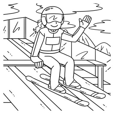 Virajın tepesindeki kadın kayakçının sevimli ve komik renkli sayfası. Çocuklar için saatlerce boyama eğlencesi sağlıyor. Renklendirmek için, bu sayfa çok kolaydır. Küçük çocuklar ve yeni yürümeye başlayanlar için uygun..