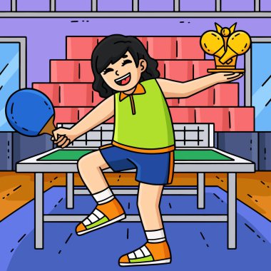 Bu karikatür klibi, bir kupa illüstrasyonlu bir bayan masa tenisi oyuncusunu gösterir.