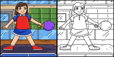 Bu renkli sayfa oynamaya hazır bir bayan masa tenisi oyuncusunu gösterir. Bu illüstrasyonun bir tarafı renkli ve çocuklar için bir ilham kaynağı..