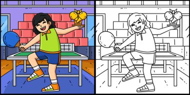 Bu renklendirme sayfası bir Kupalı Kadın Masa Tenisi Oyuncusunu gösteriyor. Bu illüstrasyonun bir tarafı renkli ve çocuklar için bir ilham kaynağı..