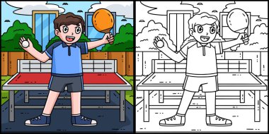 Bu renkli sayfa raket ve toplu bir masa tenisi oyuncusunu gösteriyor. Bu illüstrasyonun bir tarafı renkli ve çocuklar için bir ilham kaynağı..