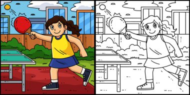 Bu renklendirme sayfası bayan bir tenisçinin topa vuruşunu gösteriyor. Bu illüstrasyonun bir tarafı renkli ve çocuklar için bir ilham kaynağı..