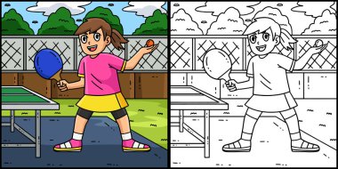 Bu renklendirme sayfası servise hazır bayan bir masa tenisi oyuncusunu gösterir. Bu illüstrasyonun bir tarafı renkli ve çocuklar için bir ilham kaynağı..